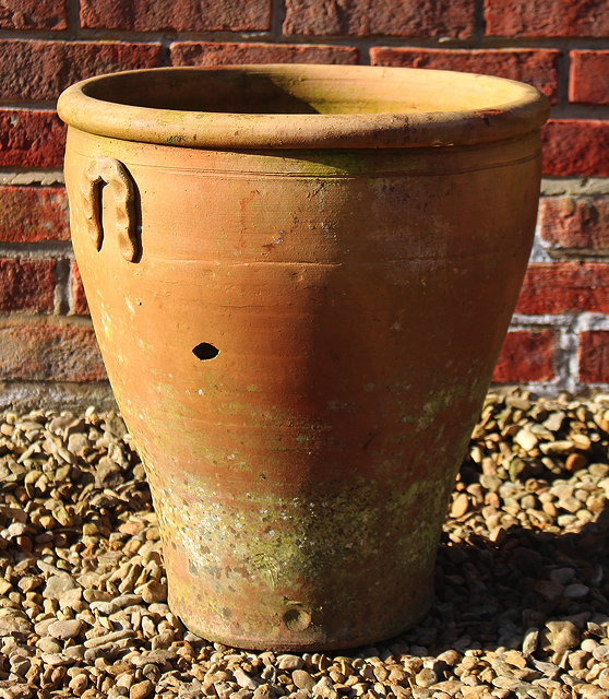 Appraisal: AN OLD GREEK TERRACOTTA FLOWER POT of waisted cylindrical form