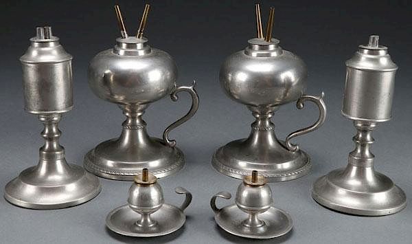 Appraisal: EARLY AMERICAN PEWTER WHALE OIL LAMPS THREE PAIRS OF EARLY