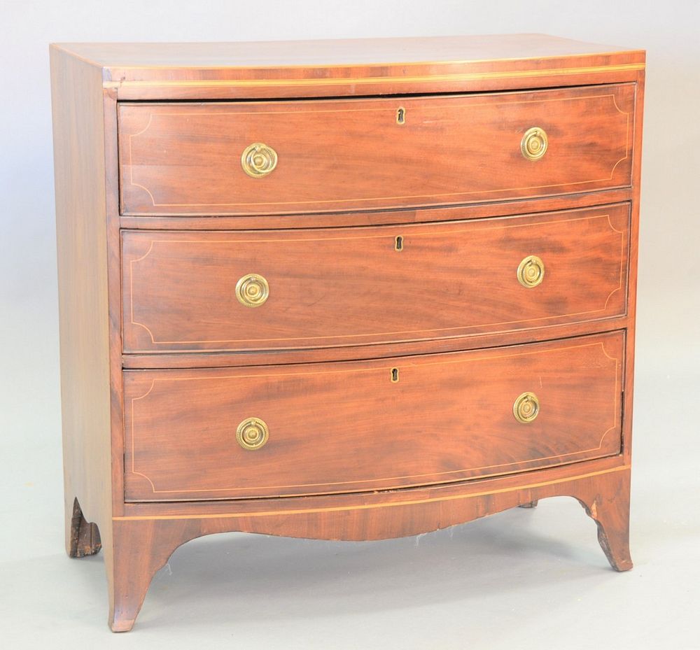 Appraisal: Georgian bow front three-drawer chest with line inlay ht wd