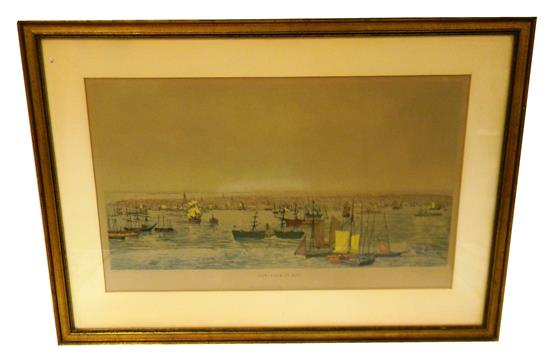 Appraisal: New York in hand-colored aquatint depicts a busy harbor view