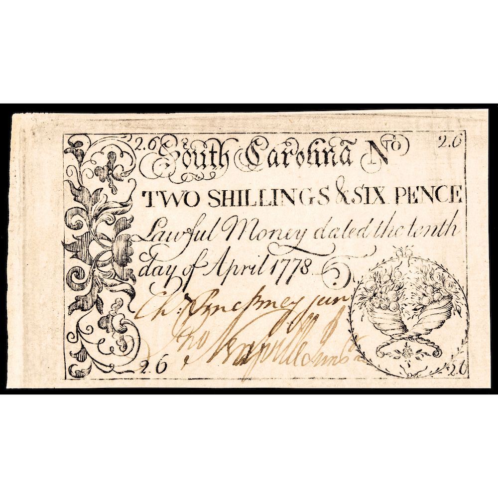 Appraisal: CHARLES PINCKNEY JR Signed Colonial Currency SC April s d