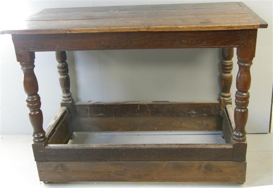 Appraisal: th century oak table inscribed W S Church Warden on