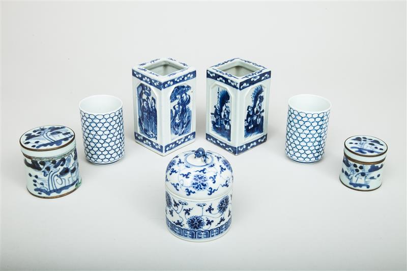 Appraisal: Two Modern Chinese Brass-Banded Blue and White Porcelain Cylindrical Boxes