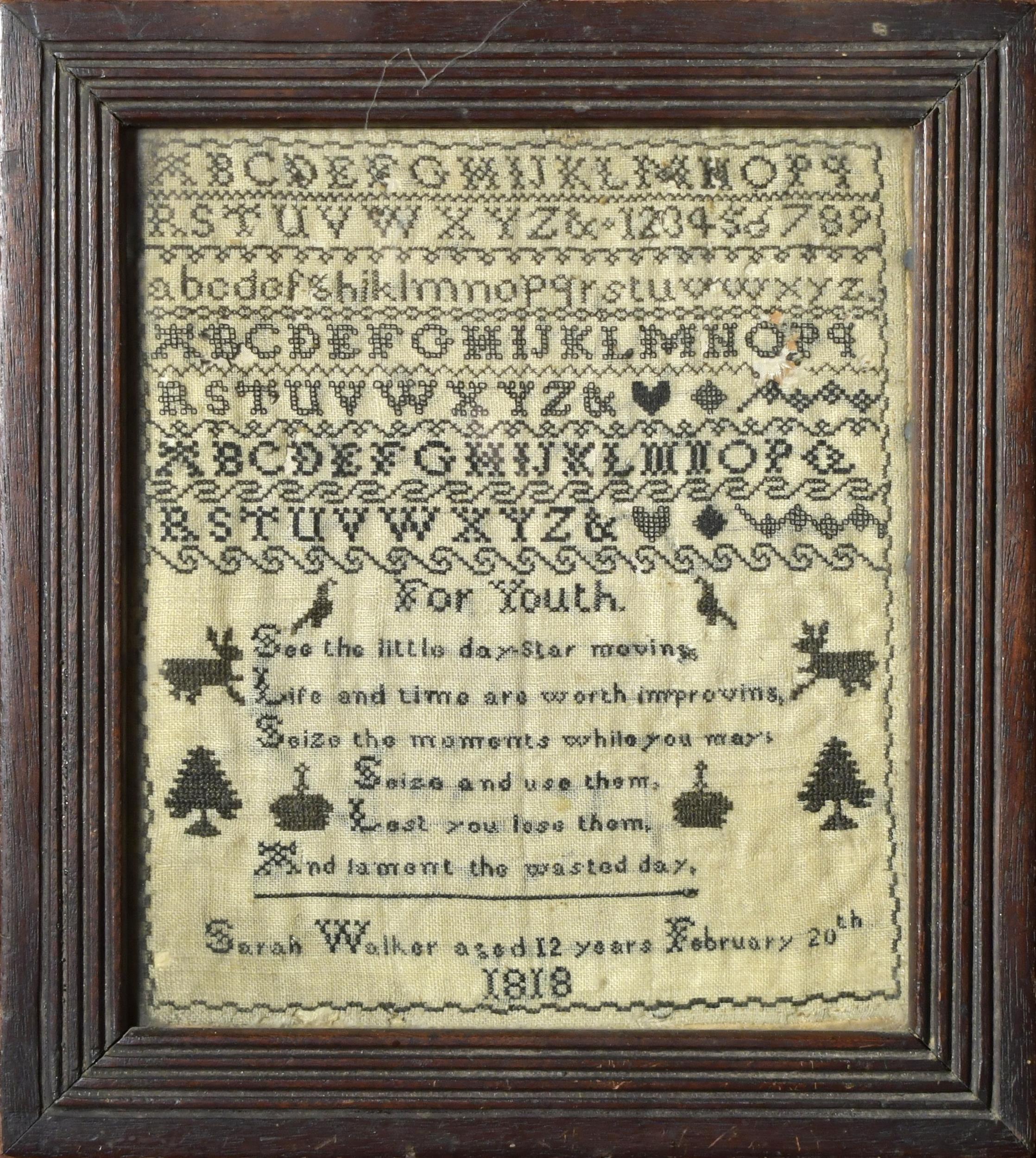 Appraisal: NEEDLEWORK SAMPLER By Sarah Walker age February th with alphabet