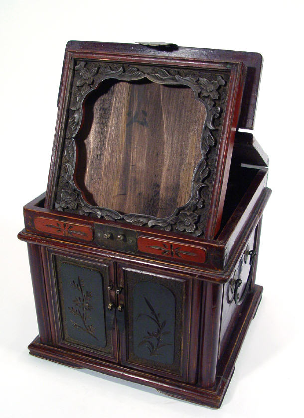 Appraisal: Oriental hardwood shaving stand with folding floral carved mirror and