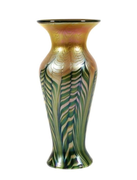 Appraisal: Lundberg baluster-shape pulled feather vase signed and dated Measures high