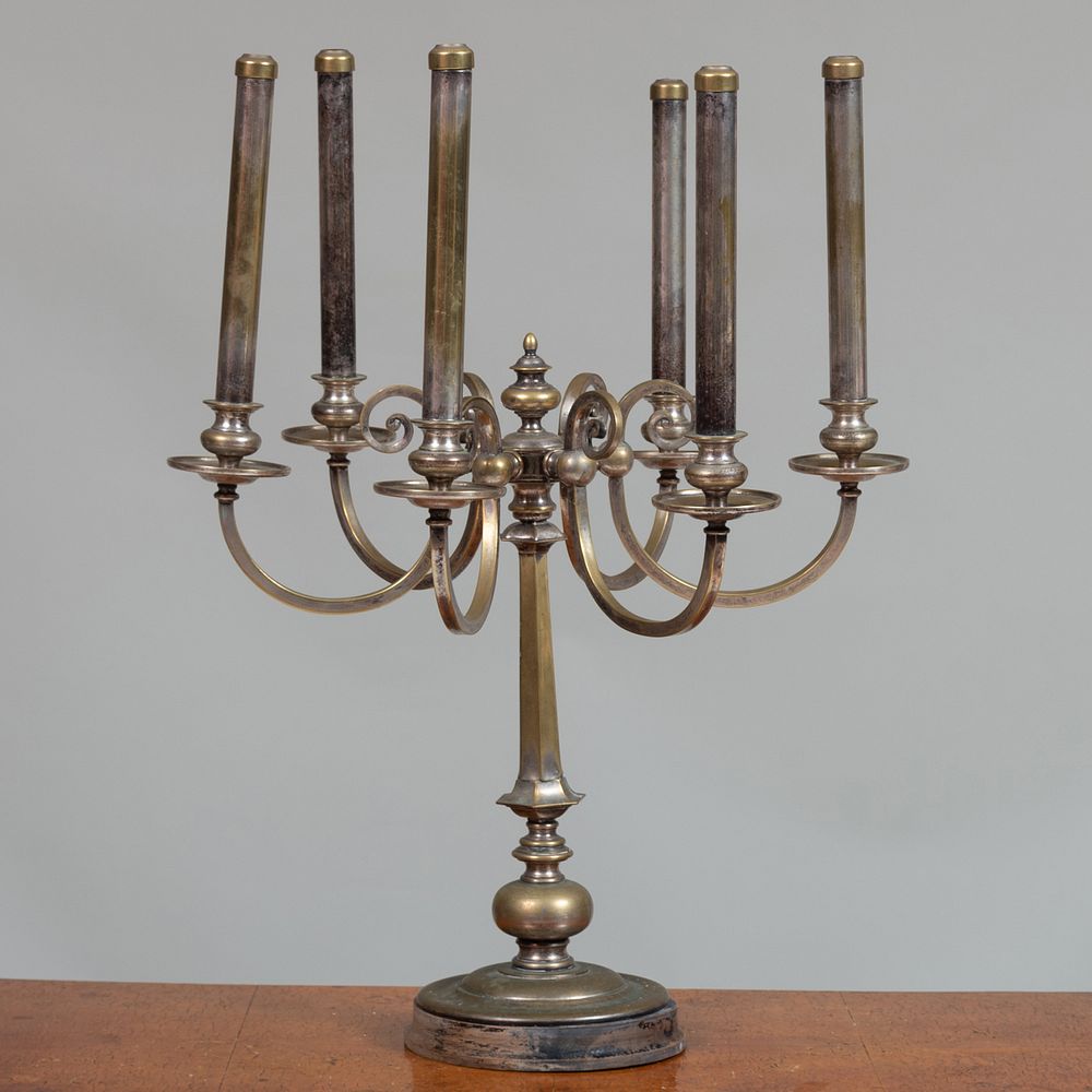 Appraisal: Continental Brass and Silver Plate Six-Light Candelabra x in diam