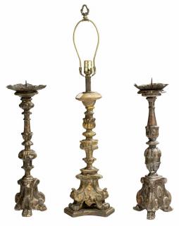 Appraisal: Three Baroque Style Giltwood and Gesso Altar Candlesticks probably Italian