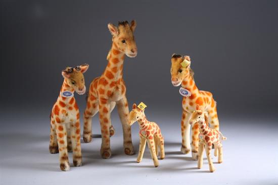 Appraisal: THREE MOHAIR STEIFF GIRAFFES First in with ear button two