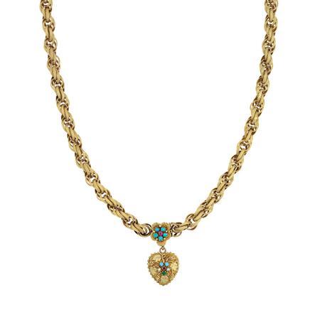 Appraisal: Antique Gold Chain Necklace with Gold and Gem-Set Memorial Heart