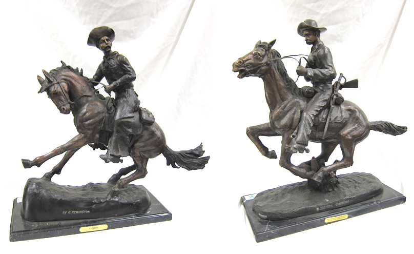 Appraisal: TWO WESTERN BRONZE HORSE AND RIDER SCULPTURES after Frederic Sackrider