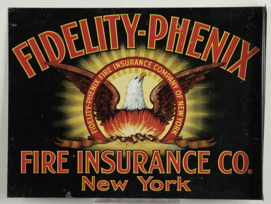 Appraisal: FIDELITY-PHENIX FIRE INSURANCE SIGN Two-sided lithographed steel flange from this