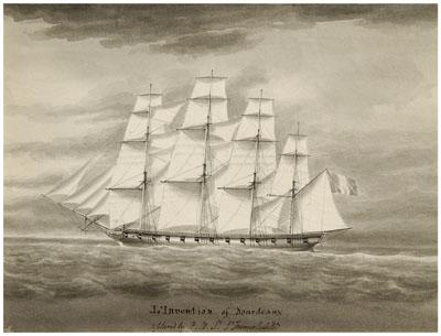 Appraisal: Nicholas Pocock watercolor ship portrait titled at bottom L'Invention of