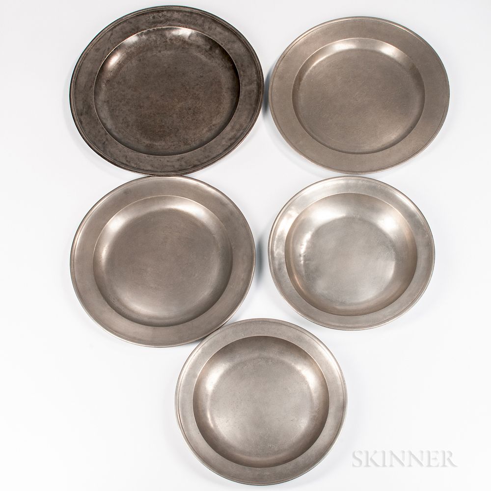 Appraisal: Five Pewter Chargers Five Pewter Chargers th century the largest