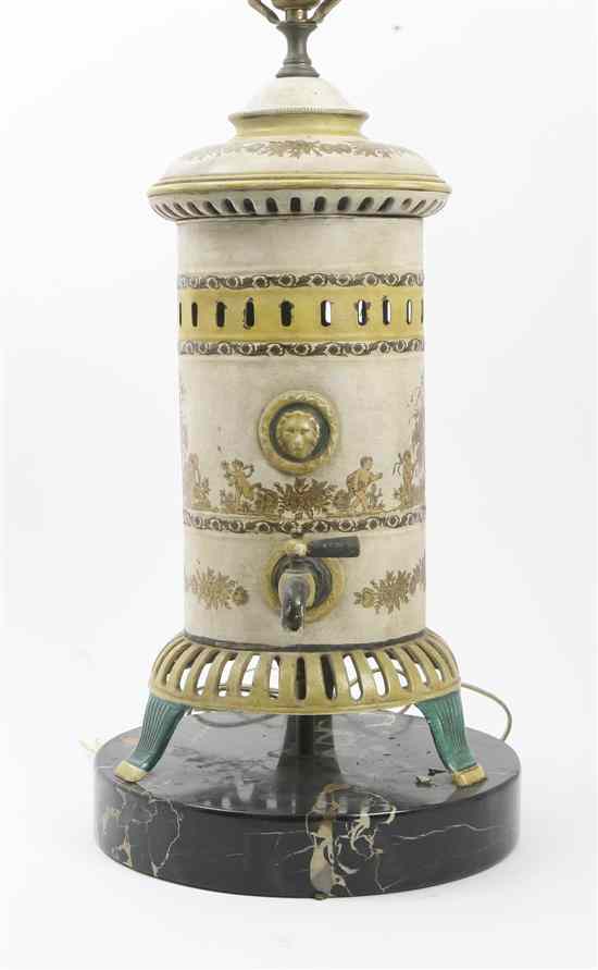 Appraisal: A Continental Tole Kettle with gilt putti and floral decoration