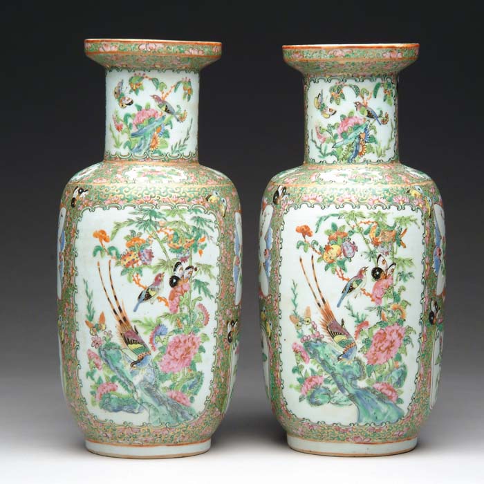 Appraisal: PAIR OF ROSE FAMILE VASES Round rimmed cylinder form neck