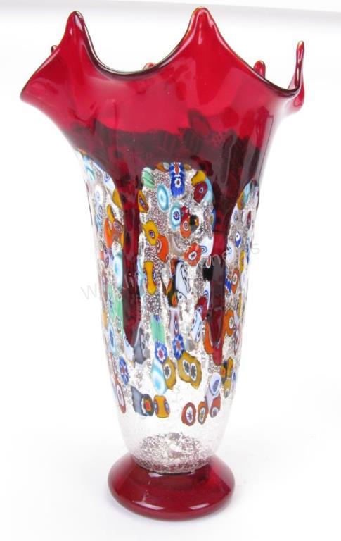 Appraisal: Murano Millefiori Art Glass Vase Vetro Artistico Murano ruby glass