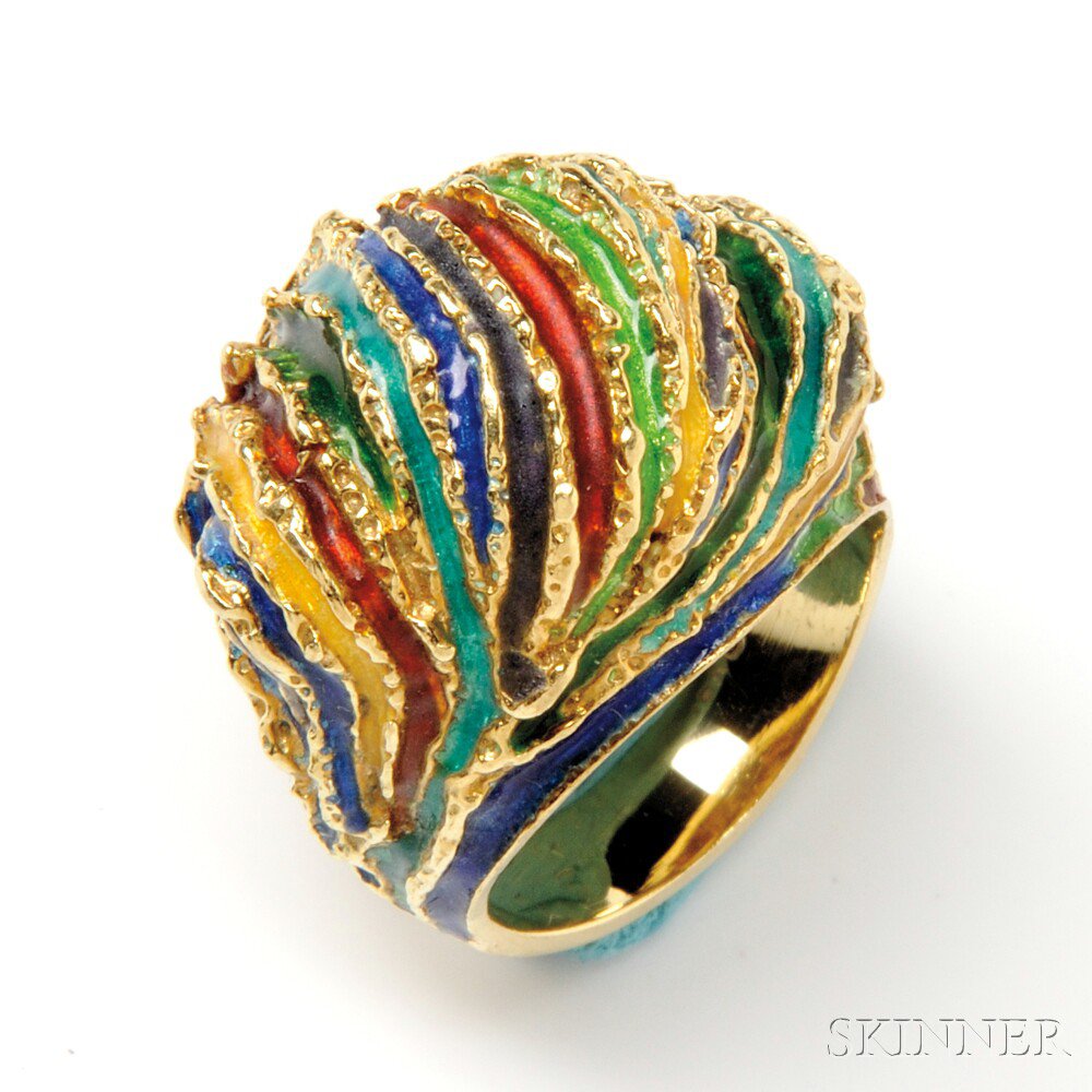 Appraisal: kt Gold and Enamel Ring the modern ring with abstract