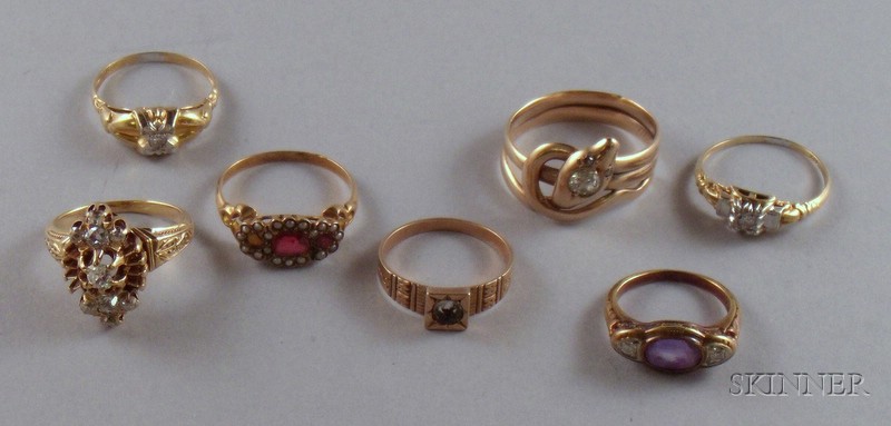 Appraisal: Seven Antique Gold and Gemstone Rings including two kt gold