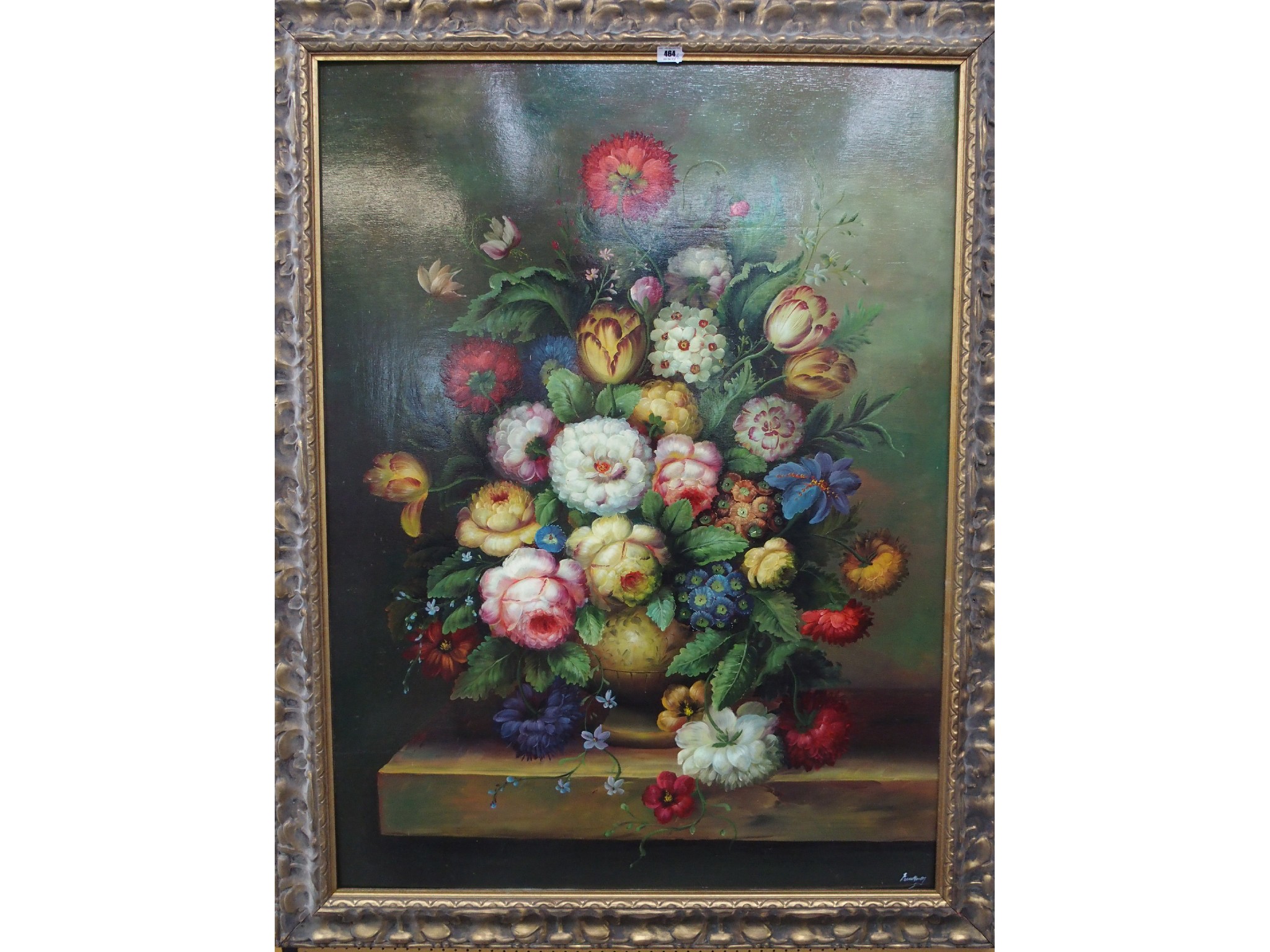 Appraisal: CONTEMPORARY SCHOOL Flowers and fruit on a marble shelf oil