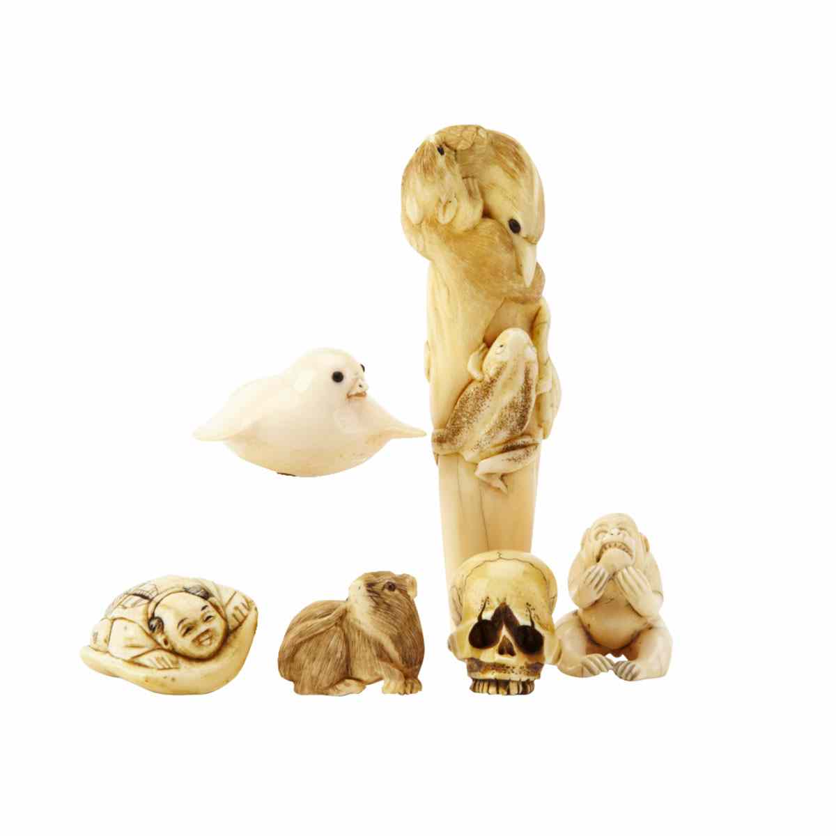 Appraisal: Five Ivory Carved Netsukes Includes a monkey a skull a