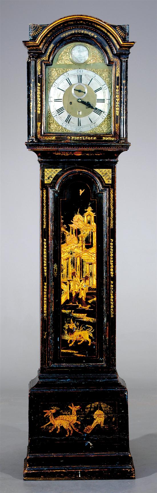 Appraisal: English chinoiserie tall case clock circa domed bonnet with glazed