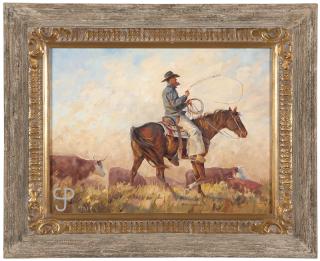 Appraisal: Shawn Cameron ''Cattle Drive'' cowboy on horseback building a loop