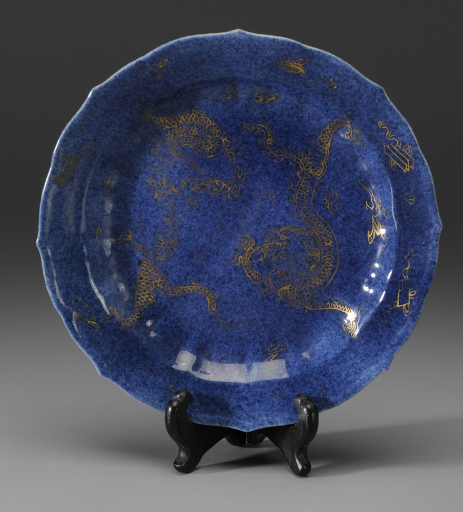 Appraisal: Powder Blue-Glazed and Gilt- Decorated Porcelain Plate Chinese possibly Kangxi