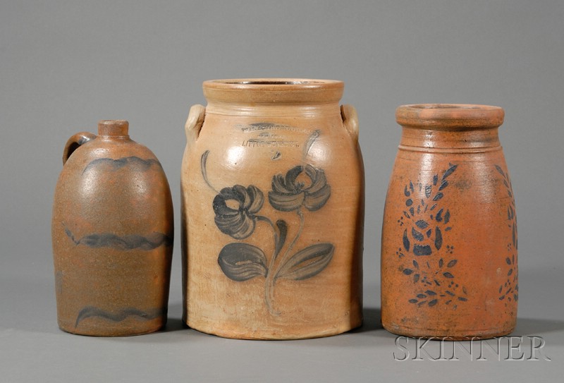 Appraisal: Three Cobalt-decorated Stoneware Items America th century a two-gallon floral