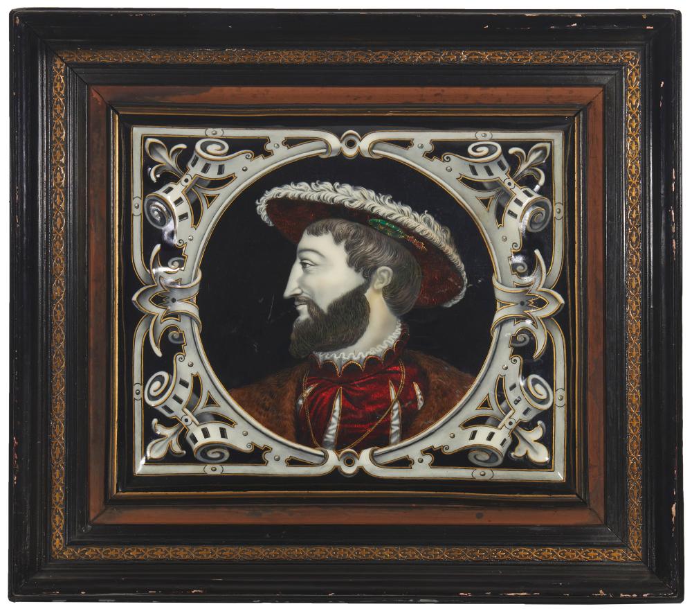 Appraisal: A French Limoges-style framed enamel portrait of Francis I th