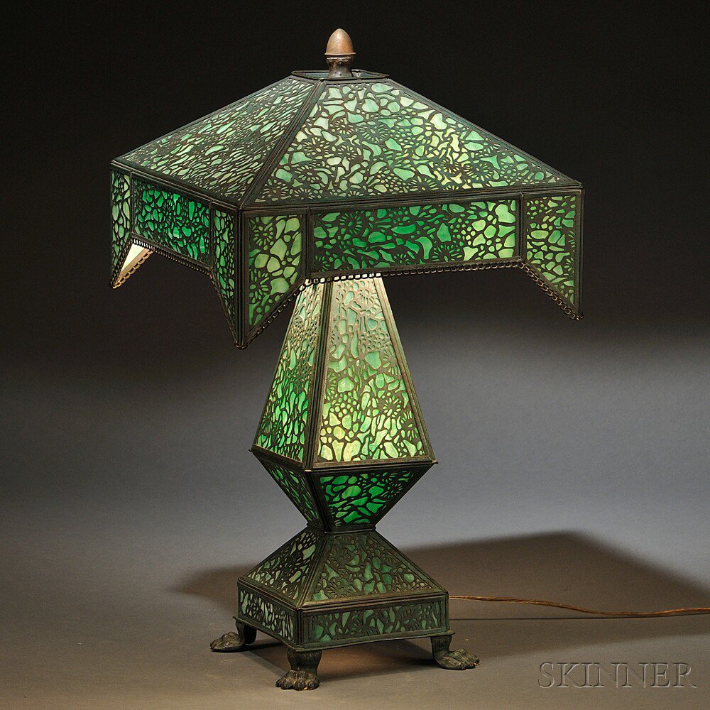 Appraisal: Metal Overlay Table Lamp United States early th century Square