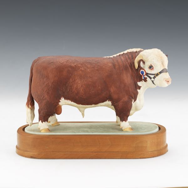 Appraisal: ROYAL WORCESTER SEMI-ANTIQUE DORIS LINDER PORCELAIN HEREFORD BULL ON WOODEN