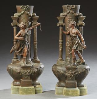 Appraisal: Pair of Large French Art Nouveau Patinated Spelter Figural Vases