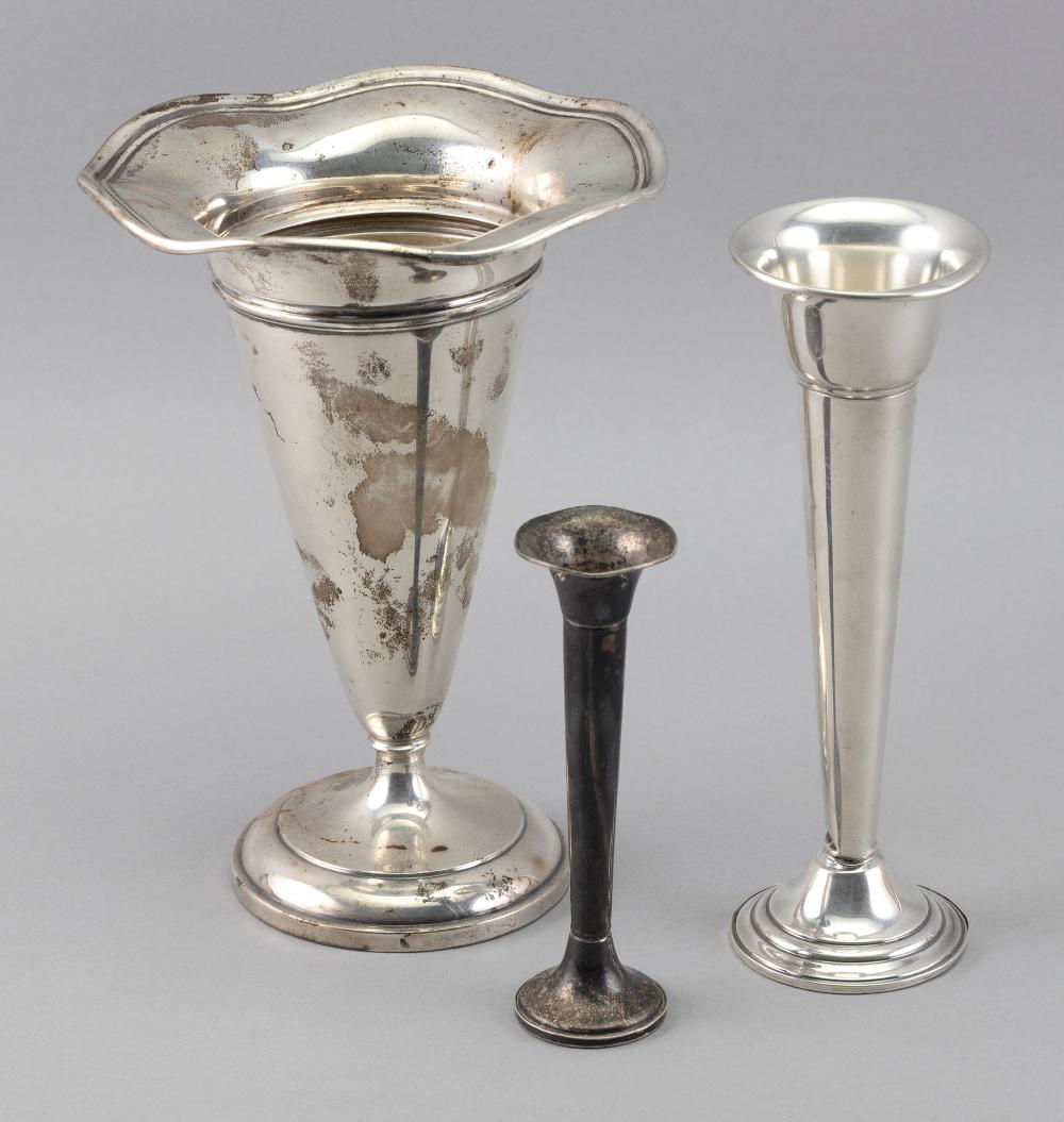 Appraisal: THREE WEIGHTED STERLING SILVER FOOTED TRUMPET VASES EARLY TH CENTURYTHREE