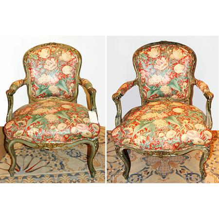 Appraisal: Pair of Louis XV Style Gilt and Painted Wood Fauteuils