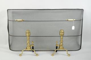 Appraisal: Pair Turned Brass Andirons w Firescreen Pair of turned brass