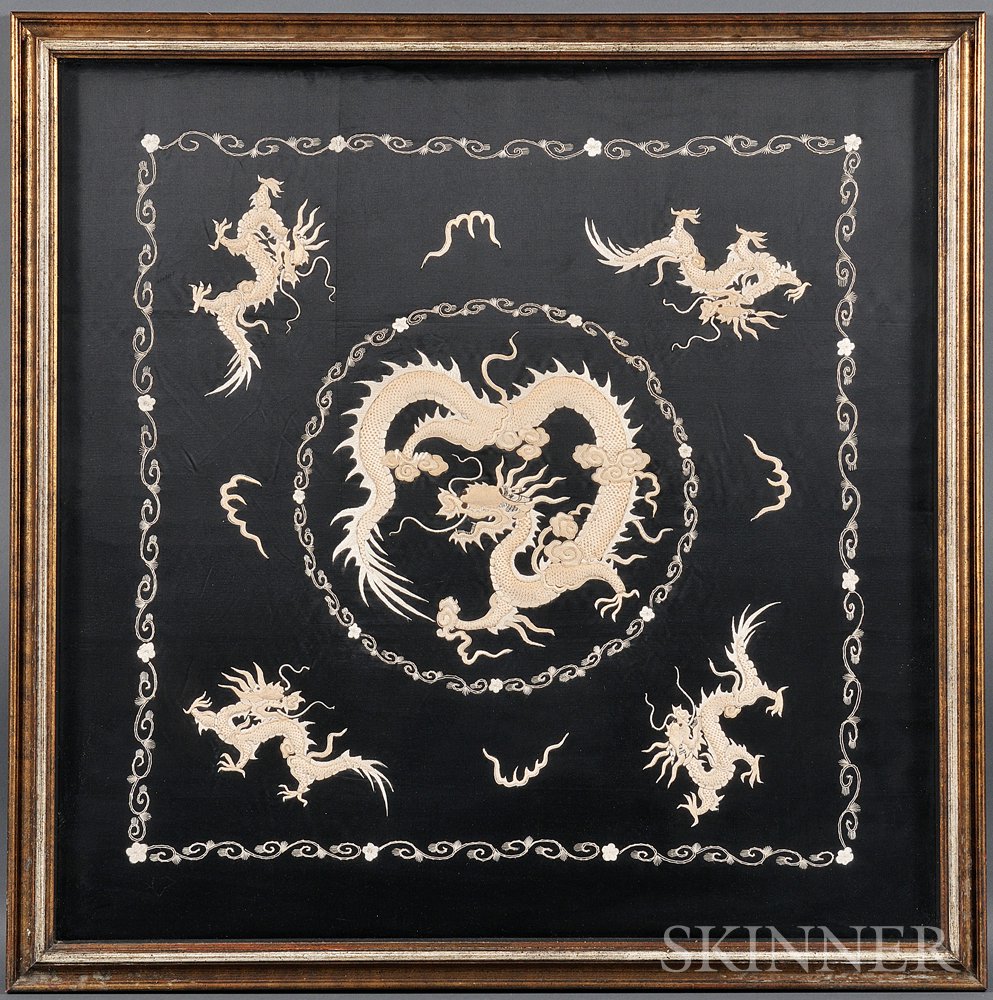 Appraisal: Embroidered Dragon Cushion Cover China depicting a coiled dragon within