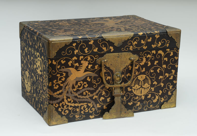 Appraisal: JAPANESE ETCHED BRASS-MOUNTED BLACK LACQUER CHEST AND COVER The rectangular