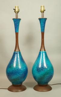 Appraisal: Pr Modernist Blue Ceramic Tall Table Lamps Bulbo Pr Modernist