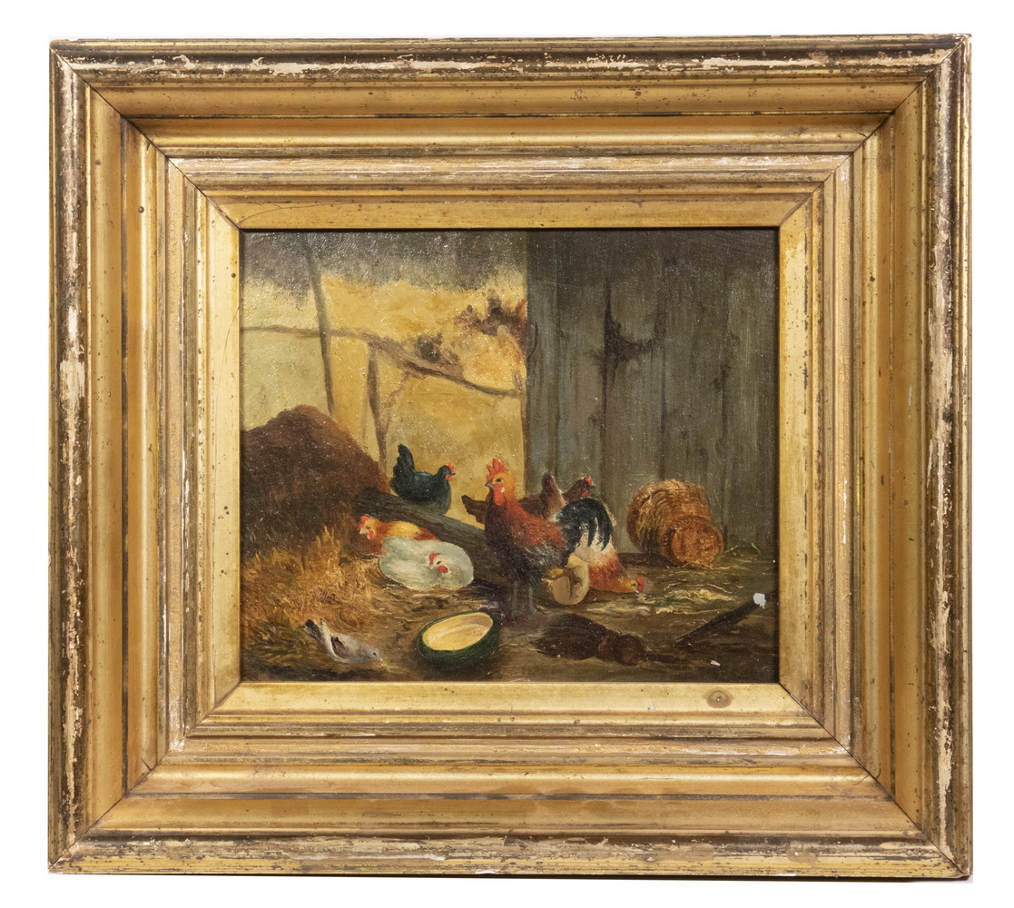 Appraisal: TH C BARNYARD SCENE ARTIST UNKNOWN PERIOD FRAME Rooster Chickens