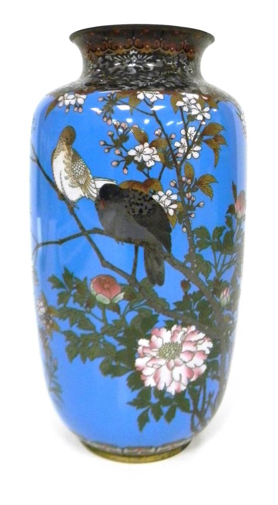 Appraisal: ASIAN Cloisonne vase with doves on blue ground oblong shape