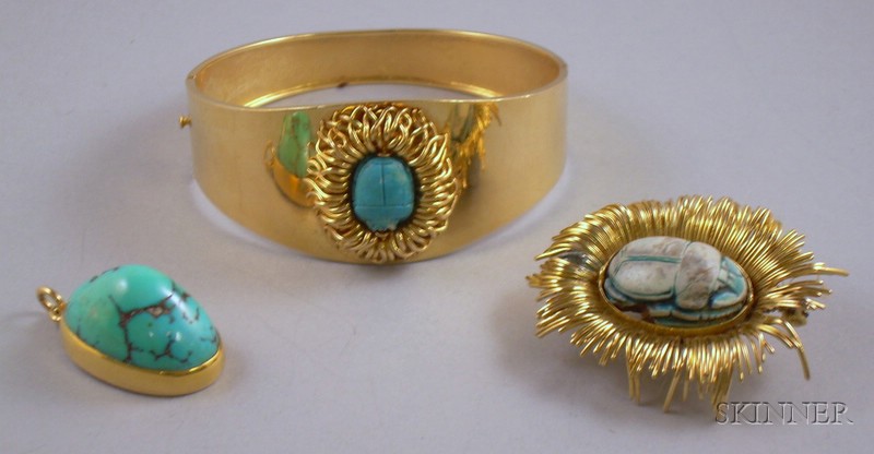 Appraisal: kt Gold and Turquoise Pendant and Two Gold Scarab-inset Jewelry