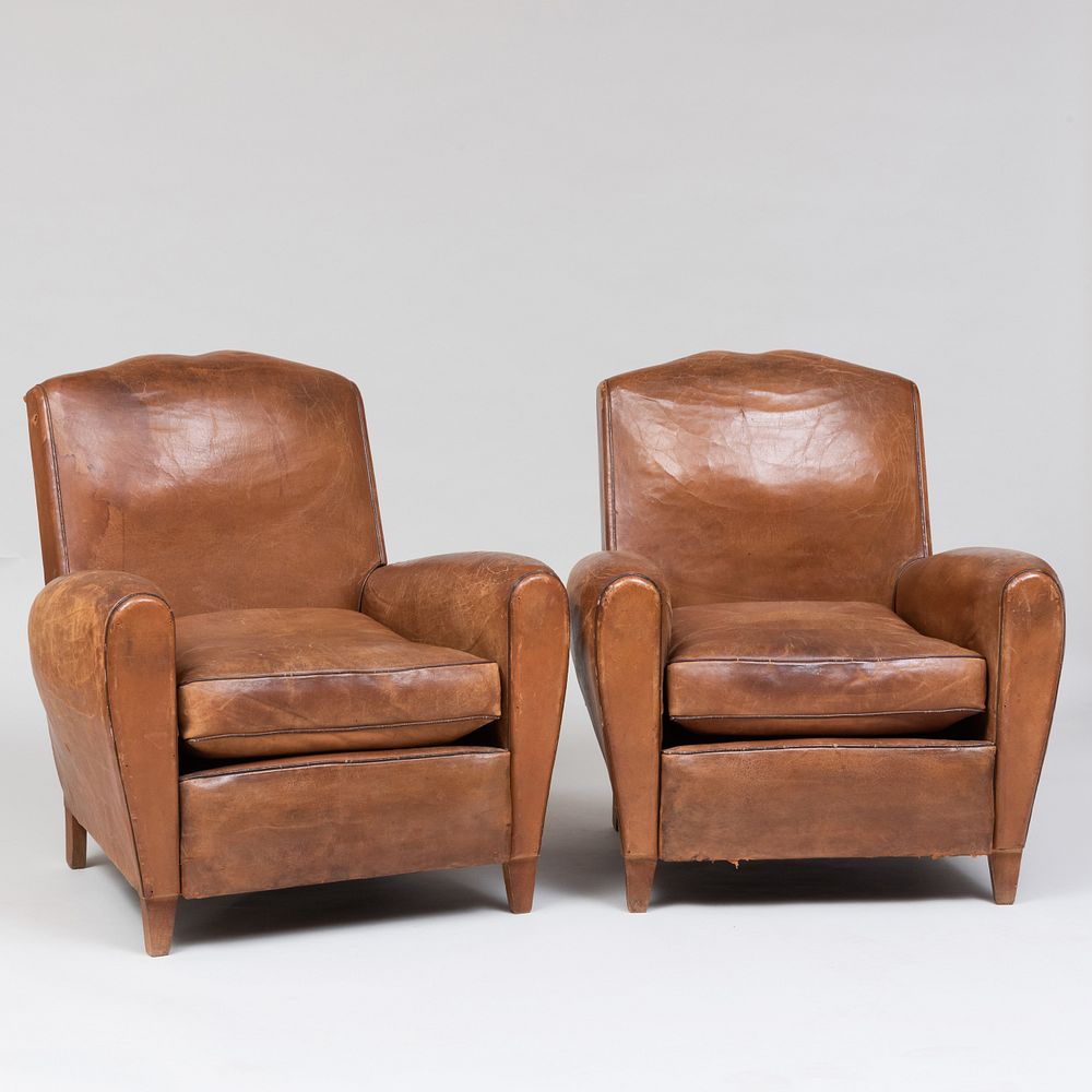 Appraisal: Pair of French Leather Club Chairs x x in Condition