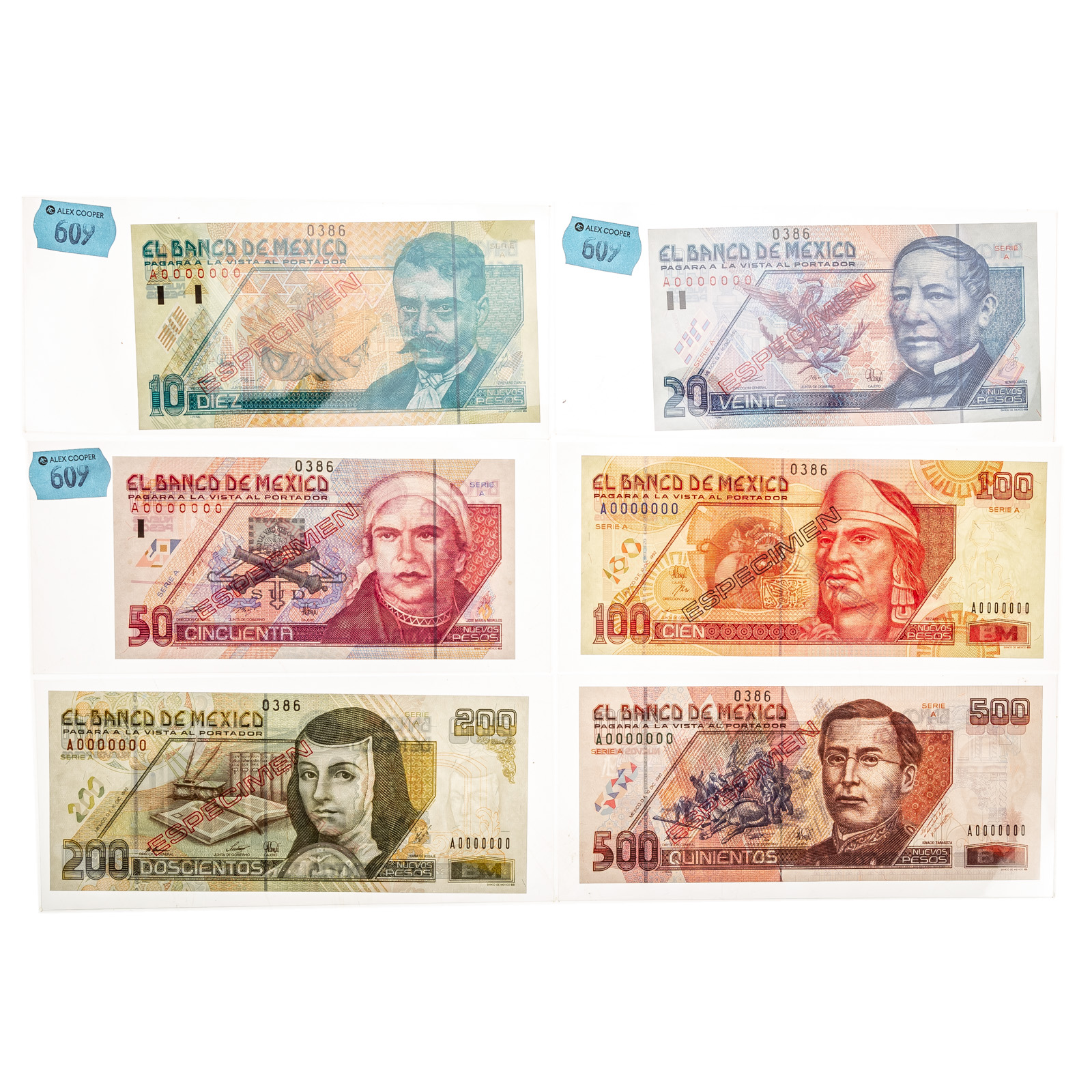 Appraisal: SIX MEXICAN NEW PESOS SPECIMEN NOTES The Nuevo Pesos were