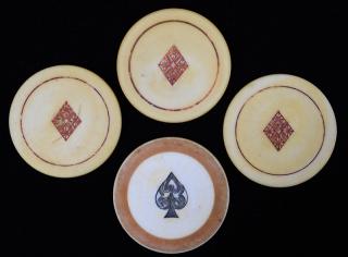 Appraisal: Four Suit Symbol Scrimshawed Ivory Poker Chips American ca Three