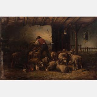 Appraisal: C von Fascini th Century Barn Scene with Sheep Oil