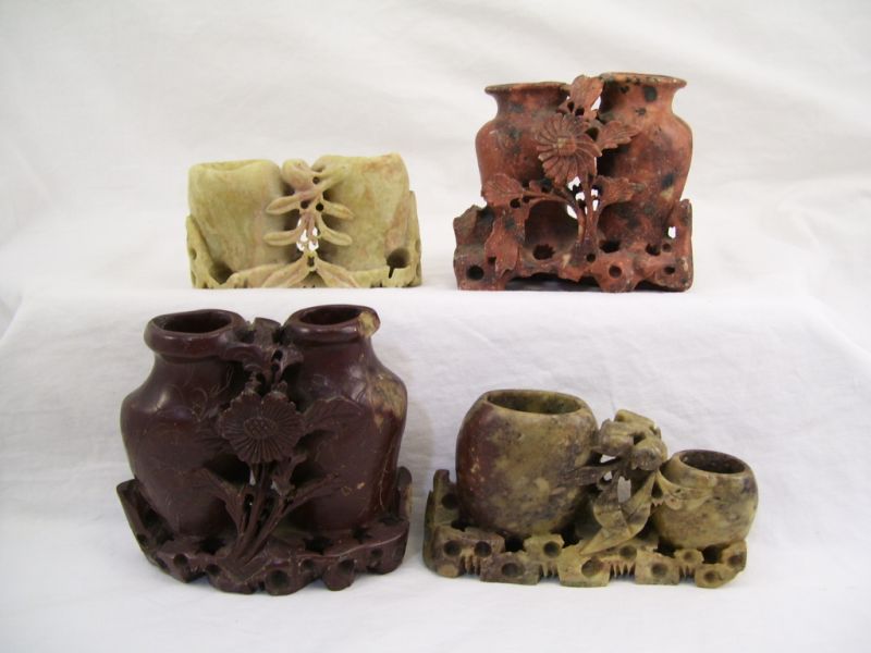 Appraisal: - Carved Soapstone Vases Includes Double vase with vine decoration