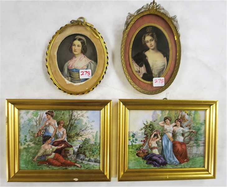 Appraisal: FOUR MINIATURE PRINTS two on porcelain with women in garden