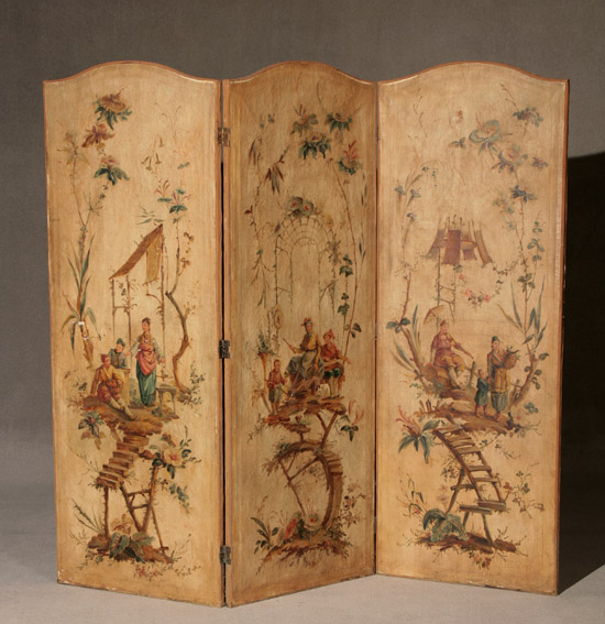 Appraisal: Continental Chinoiserie Decorated Three-Panel Floor Screen Circa Each oil on