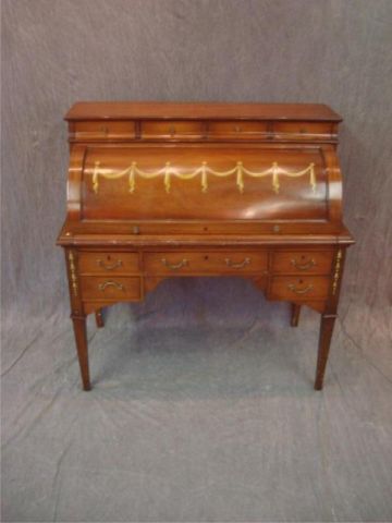 Appraisal: Neoclassical style barrel-top secretary Has paint decorations From a NYC